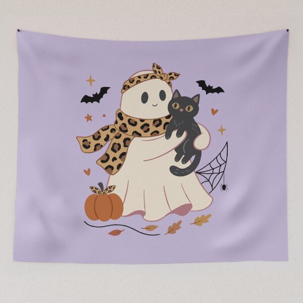 Item preview, Cute Halloween Ghost With Black Cat Leopard Accents designed and sold by FreshVibe Prints.