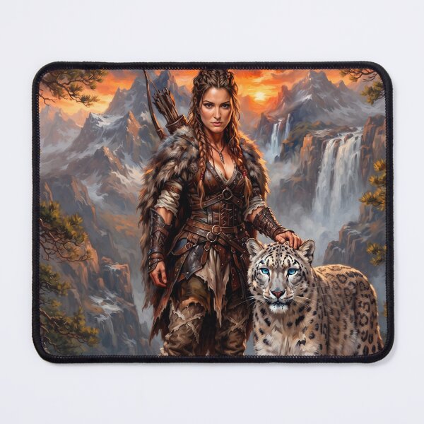 Item preview, Epic Mountain Huntress with Snow Leopard – Fantasy Wilderness Art designed and sold by VALKYRAART53.