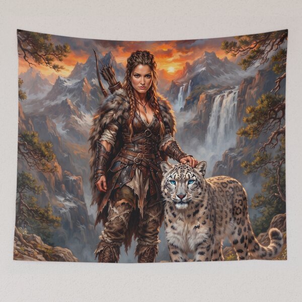 Item preview, Epic Mountain Huntress with Snow Leopard – Fantasy Wilderness Art designed and sold by VALKYRAART53.