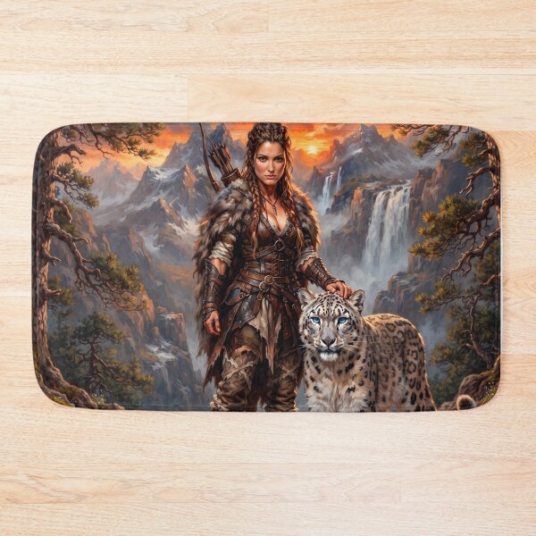 Item preview, Epic Mountain Huntress with Snow Leopard – Fantasy Wilderness Art designed and sold by VALKYRAART53.