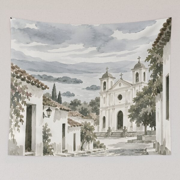 Item preview, Colonial Church Village Watercolor Landscape designed and sold by GutyzDesignsES.