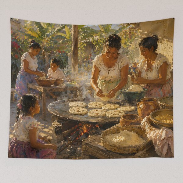 Aperçu de l'œuvre Traditional Latin American Tortilla Making Family Scene créée et vendue par GutyzDesignsES.