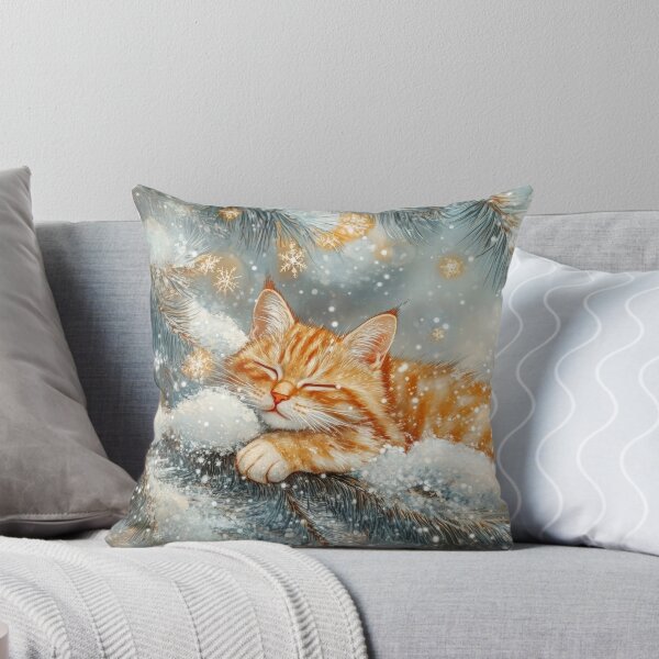 Item preview, Adorable sleeping cat on snowy Christmas tree holiday painting designed and sold by MargaretWiktor.