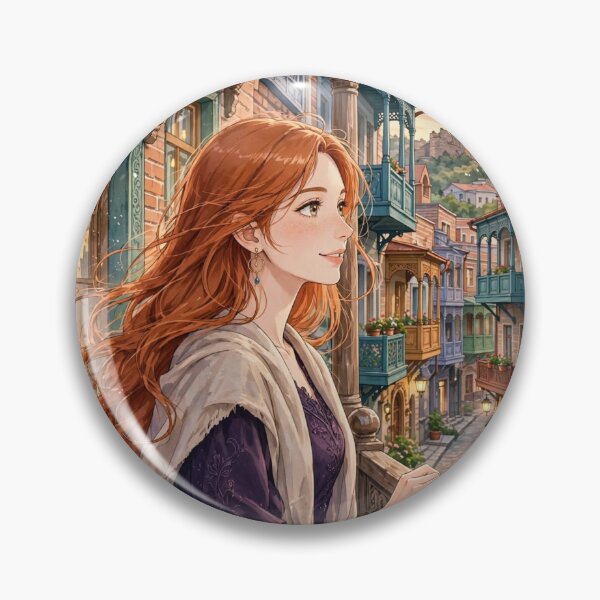 Item preview, Georgia Tbilisi Old Town with a Beautiful Redhead Traveler in a Purple Dress, Historic Balconies and Romantic Georgian Streets designed and sold by DibujandoPorfa.