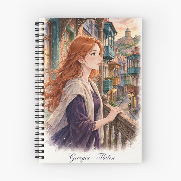 Item preview, Georgia Tbilisi Old Town with a Beautiful Redhead Traveler in a Purple Dress, Historic Balconies and Romantic Georgian Streets designed and sold by DibujandoPorfa.