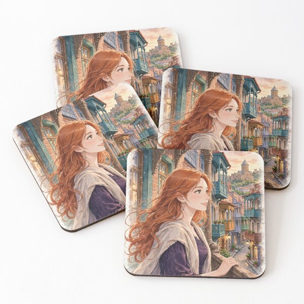 Item preview, Georgia Tbilisi Old Town with a Beautiful Redhead Traveler in a Purple Dress, Historic Balconies and Romantic Georgian Streets designed and sold by DibujandoPorfa.