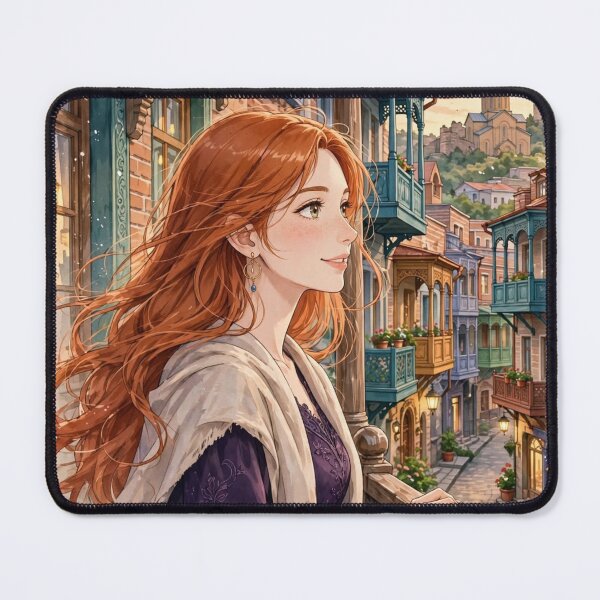 Item preview, Georgia Tbilisi Old Town with a Beautiful Redhead Traveler in a Purple Dress, Historic Balconies and Romantic Georgian Streets designed and sold by DibujandoPorfa.