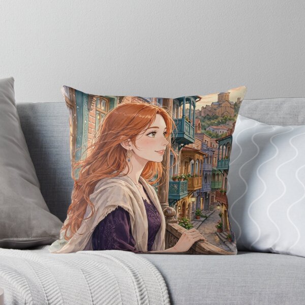 Item preview, Georgia Tbilisi Old Town with a Beautiful Redhead Traveler in a Purple Dress, Historic Balconies and Romantic Georgian Streets designed and sold by DibujandoPorfa.
