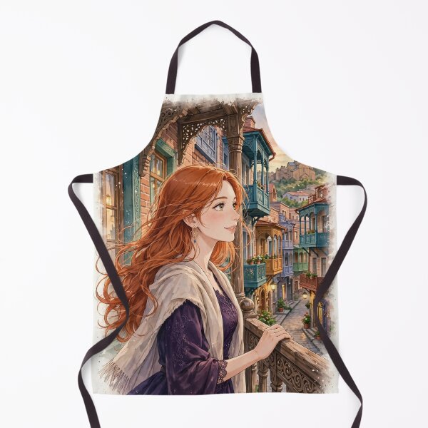 Item preview, Georgia Tbilisi Old Town with a Beautiful Redhead Traveler in a Purple Dress, Historic Balconies and Romantic Georgian Streets designed and sold by DibujandoPorfa.