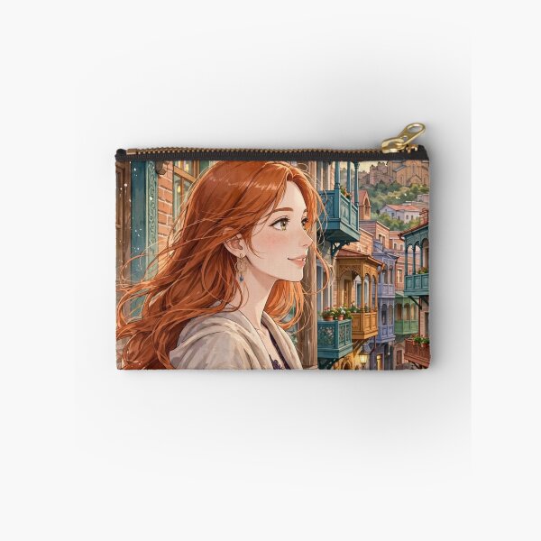 Item preview, Georgia Tbilisi Old Town with a Beautiful Redhead Traveler in a Purple Dress, Historic Balconies and Romantic Georgian Streets designed and sold by DibujandoPorfa.