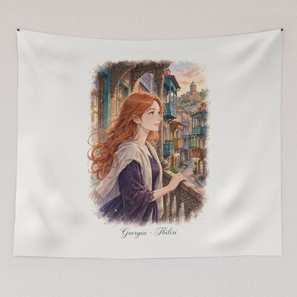Item preview, Georgia Tbilisi Old Town with a Beautiful Redhead Traveler in a Purple Dress, Historic Balconies and Romantic Georgian Streets designed and sold by DibujandoPorfa.