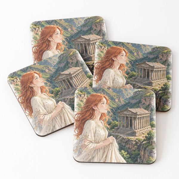 Item preview, Armenia Garni Temple with an Elegant Redhead Traveler in a Flowing Cream Dress, Ancient Architecture and Dramatic Mountain Landscape designed and sold by DibujandoPorfa.