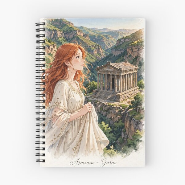 Artikelvorschau, Der armenische Garni-Tempel mit einer eleganten rothaarigen Reisenden in einem fließenden cremefarbenen Kleid, antike Architektur und dramatische Berglandschaft entworfen und verkauft von DibujandoPorfa.