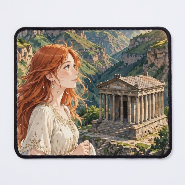 Item preview, Armenia Garni Temple with an Elegant Redhead Traveler in a Flowing Cream Dress, Ancient Architecture and Dramatic Mountain Landscape designed and sold by DibujandoPorfa.