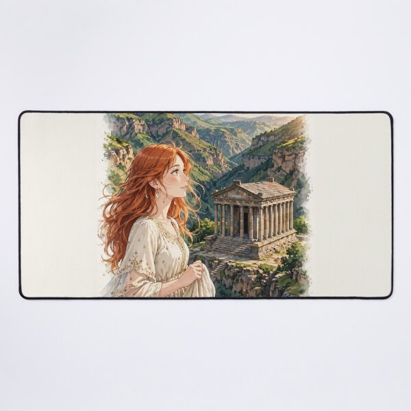 Item preview, Armenia Garni Temple with an Elegant Redhead Traveler in a Flowing Cream Dress, Ancient Architecture and Dramatic Mountain Landscape designed and sold by DibujandoPorfa.