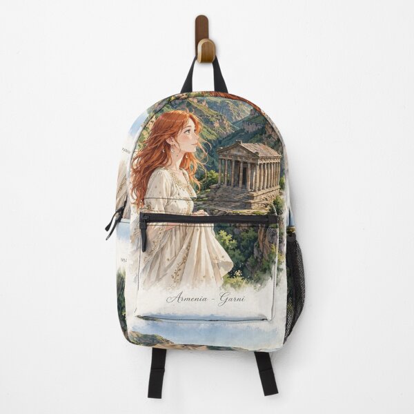 Item preview, Armenia Garni Temple with an Elegant Redhead Traveler in a Flowing Cream Dress, Ancient Architecture and Dramatic Mountain Landscape designed and sold by DibujandoPorfa.
