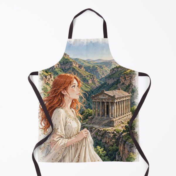 Item preview, Armenia Garni Temple with an Elegant Redhead Traveler in a Flowing Cream Dress, Ancient Architecture and Dramatic Mountain Landscape designed and sold by DibujandoPorfa.