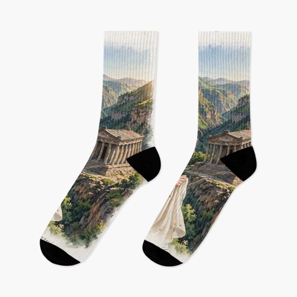 Item preview, Armenia Garni Temple with an Elegant Redhead Traveler in a Flowing Cream Dress, Ancient Architecture and Dramatic Mountain Landscape designed and sold by DibujandoPorfa.