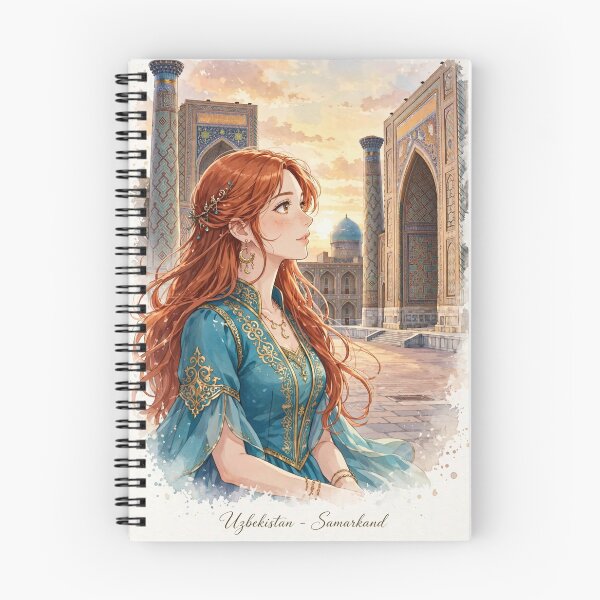 Item preview, Uzbekistan Samarkand Registan with a Redhead Traveler in an Elegant Turquoise Dress, Magnificent Islamic Architecture and Central Asian Travel designed and sold by DibujandoPorfa.
