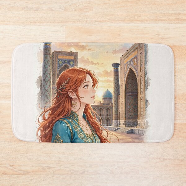 Item preview, Uzbekistan Samarkand Registan with a Redhead Traveler in an Elegant Turquoise Dress, Magnificent Islamic Architecture and Central Asian Travel designed and sold by DibujandoPorfa.