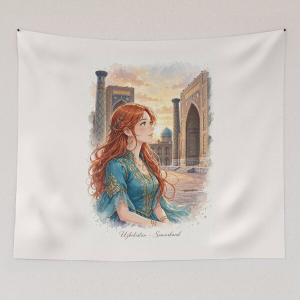 Item preview, Uzbekistan Samarkand Registan with a Redhead Traveler in an Elegant Turquoise Dress, Magnificent Islamic Architecture and Central Asian Travel designed and sold by DibujandoPorfa.