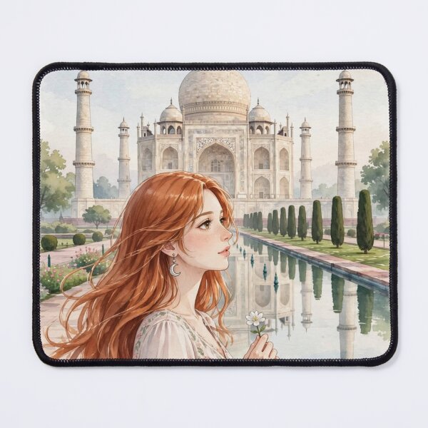 Item preview, India Taj Mahal with a Beautiful Redhead Traveler in a Romantic Pink Dress, Iconic Indian Architecture and Dreamy Travel Landscape designed and sold by DibujandoPorfa.