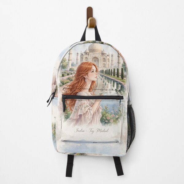 Item preview, India Taj Mahal with a Beautiful Redhead Traveler in a Romantic Pink Dress, Iconic Indian Architecture and Dreamy Travel Landscape designed and sold by DibujandoPorfa.