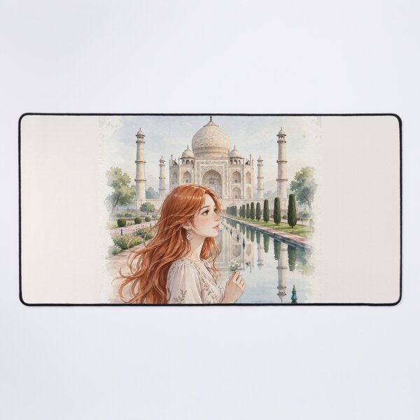 Item preview, India Taj Mahal with a Beautiful Redhead Traveler in a Romantic Pink Dress, Iconic Indian Architecture and Dreamy Travel Landscape designed and sold by DibujandoPorfa.