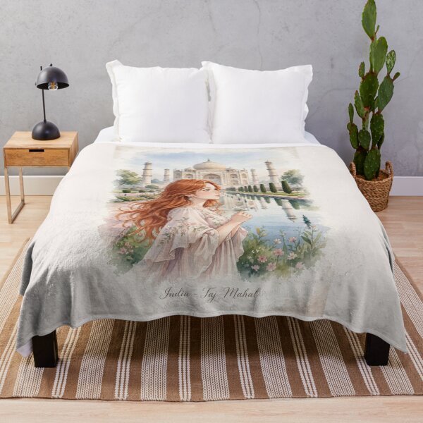 Item preview, India Taj Mahal with a Beautiful Redhead Traveler in a Romantic Pink Dress, Iconic Indian Architecture and Dreamy Travel Landscape designed and sold by DibujandoPorfa.