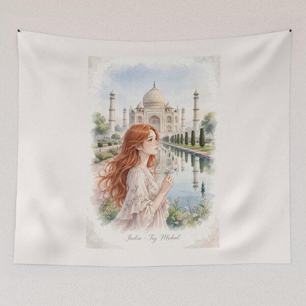 Item preview, India Taj Mahal with a Beautiful Redhead Traveler in a Romantic Pink Dress, Iconic Indian Architecture and Dreamy Travel Landscape designed and sold by DibujandoPorfa.