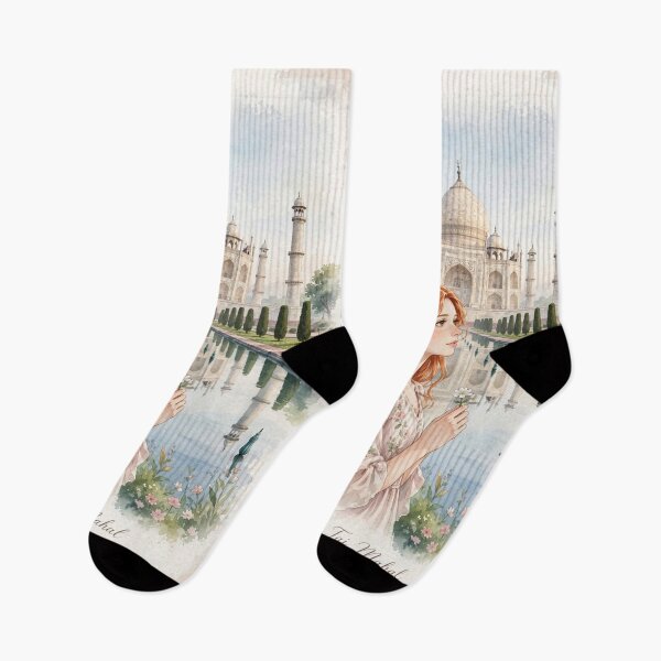Item preview, India Taj Mahal with a Beautiful Redhead Traveler in a Romantic Pink Dress, Iconic Indian Architecture and Dreamy Travel Landscape designed and sold by DibujandoPorfa.