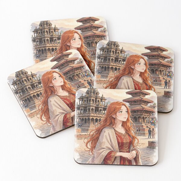 Item preview, Nepal Kathmandu Durbar Square with an Elegant Redhead Traveler in a Crimson Dress, Historic Temples and Himalayan Cultural Travel designed and sold by DibujandoPorfa.