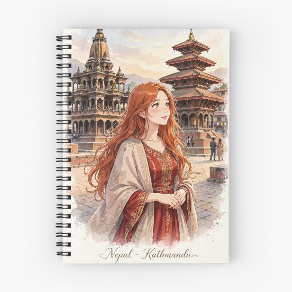 Item preview, Nepal Kathmandu Durbar Square with an Elegant Redhead Traveler in a Crimson Dress, Historic Temples and Himalayan Cultural Travel designed and sold by DibujandoPorfa.