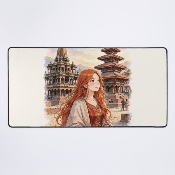 Item preview, Nepal Kathmandu Durbar Square with an Elegant Redhead Traveler in a Crimson Dress, Historic Temples and Himalayan Cultural Travel designed and sold by DibujandoPorfa.