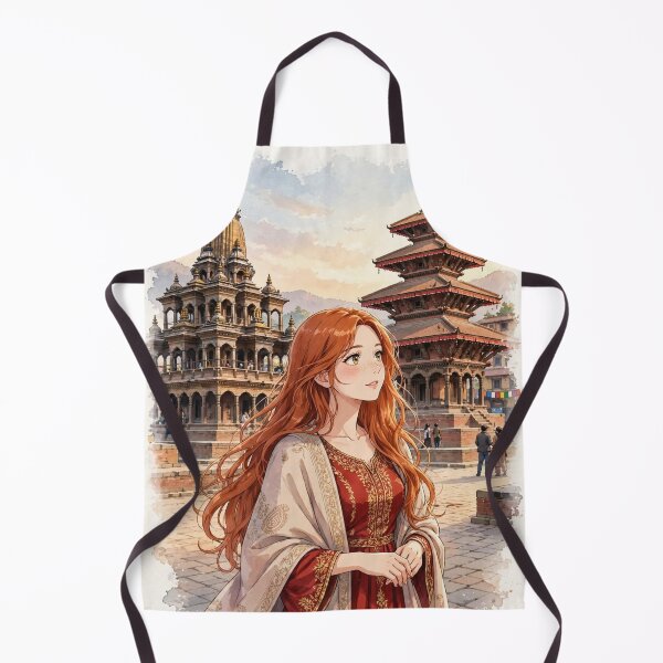 Item preview, Nepal Kathmandu Durbar Square with an Elegant Redhead Traveler in a Crimson Dress, Historic Temples and Himalayan Cultural Travel designed and sold by DibujandoPorfa.