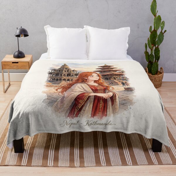 Item preview, Nepal Kathmandu Durbar Square with an Elegant Redhead Traveler in a Crimson Dress, Historic Temples and Himalayan Cultural Travel designed and sold by DibujandoPorfa.