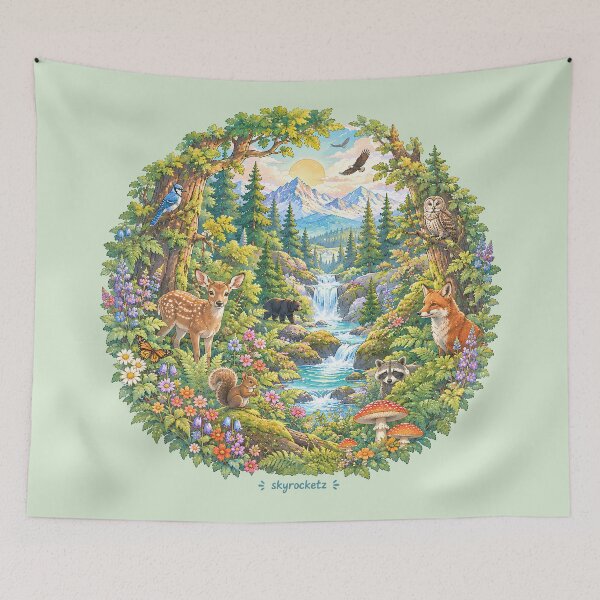 Item preview, Enchanted Forest Animals Mountain River Circle designed and sold by Skyrocketz.