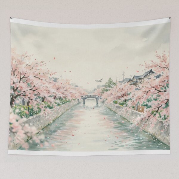 Item preview, Vintage Watercolor Cherry Blossom Japanese Canal Landscape Vector designed and sold by Shutter-Dragon.