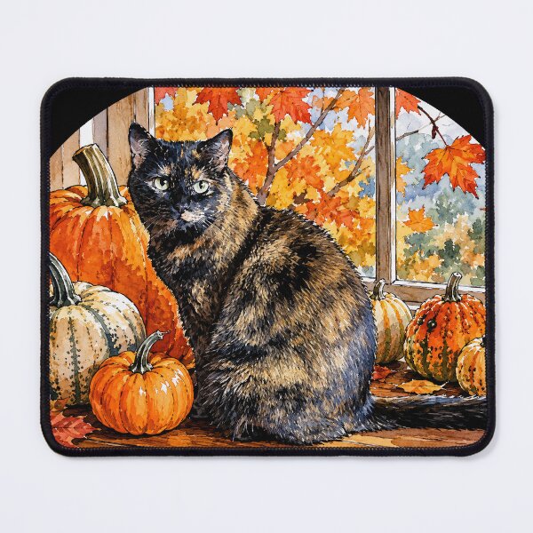 Item preview, Colors of Fall Cute Tortie Cat with Pumpkins designed and sold by Lion and Lamb Design.