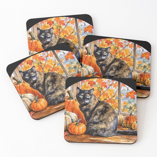 Item preview, Colors of Fall Cute Tortie Cat with Pumpkins designed and sold by Lion and Lamb Design.