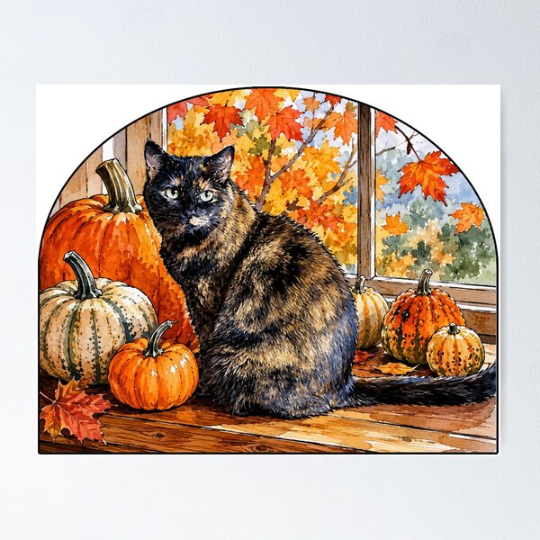 Item preview, Colors of Fall Cute Tortie Cat with Pumpkins designed and sold by Lion and Lamb Design.