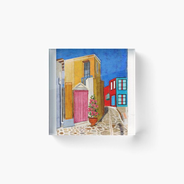 Artikelvorschau, Symi Pink Door Greek Island Lane mit Bougainvillea entworfen und verkauft von Cobalt & Stone Art.