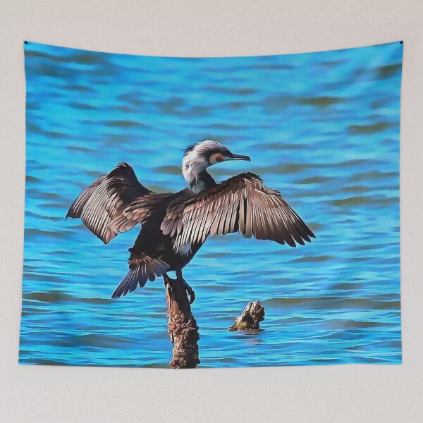 Item preview, Cormorant With Outspread Wings On Blue Water Art designed and sold by taiche.