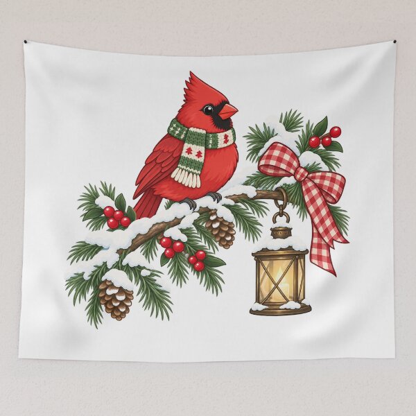 Item preview, Winter Cardinal with Lantern and Snowy Evergreen designed and sold by skyartdesign.