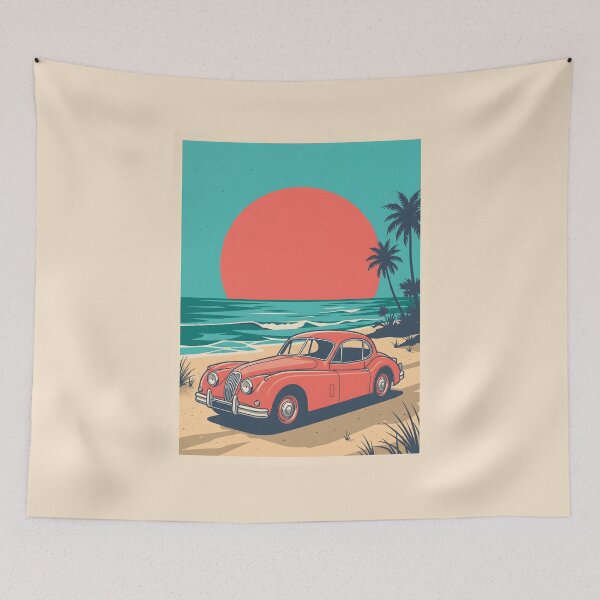 Item preview, Vintage Red Classic Car by the Sea – Retro Coastal Summer Design designed and sold by Sea Gem.