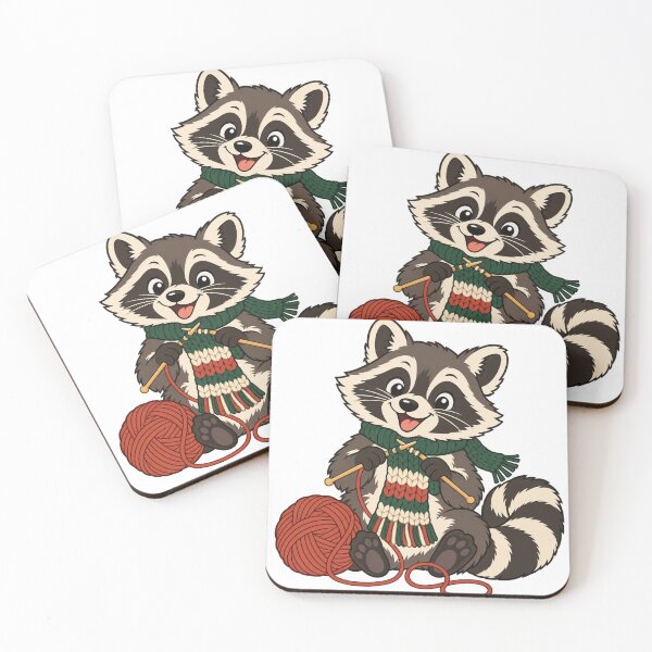 Item preview, Cozy Knitting Raccoon with Yarn and Striped Scarf designed and sold by skyartdesign.