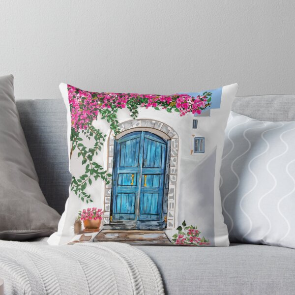 Item preview, Greek Blue Door with Pink Bougainvillea  designed and sold by Cobalt & Stone Art.