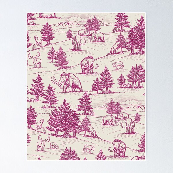 Item preview, Extinct Ice Age Animals Toile de Jouy in Magenta designed and sold by somecallmebeth.