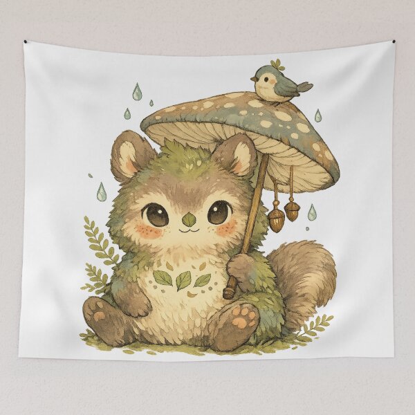 Item preview, Cute Squirrel Mushroom Umbrella Woodland Rain Cottagecore Art designed and sold by inkoutninja.