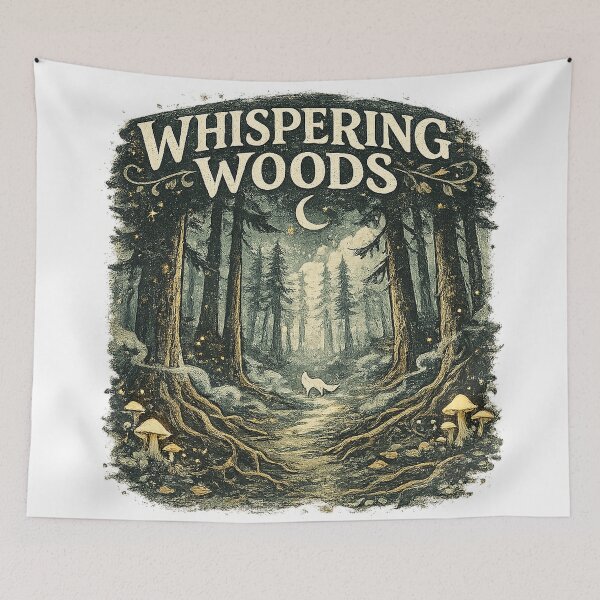 Item preview, Whispering Woods Moonlit Forest Fox Mushroom Cottagecore Art Design designed and sold by inkoutninja.
